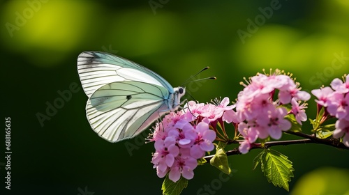 A close up shot shows a butterfly that is white and brown and perched on a green plant with pink flowers.