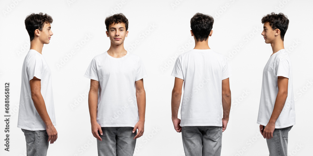 Obraz premium Collage attractive curly haired teenager boy wearing blank white t shirt, stylish jeans isolated on white background, mockup 