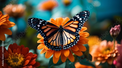 A close-up shot of a butterfly in orange sitting on a flower