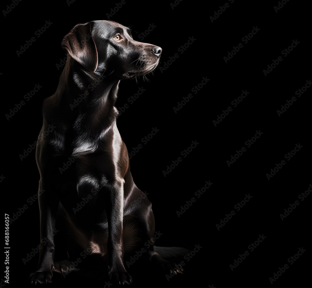 Full length portrait of black dog isolated on black background with copy space