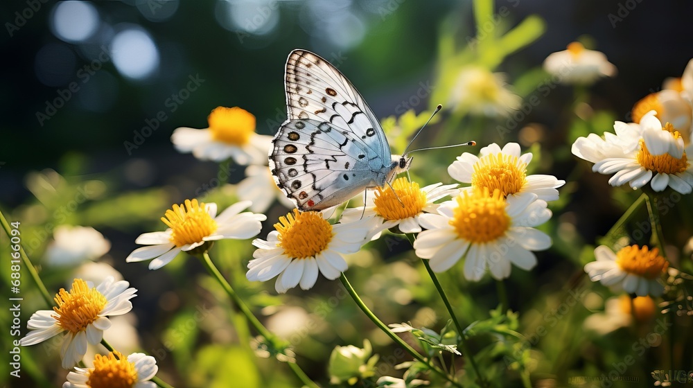 An up-close shot of a tiny butterfly perched on a wild flower. An up-close shot of a tiny butterfly perched on a wild flower.