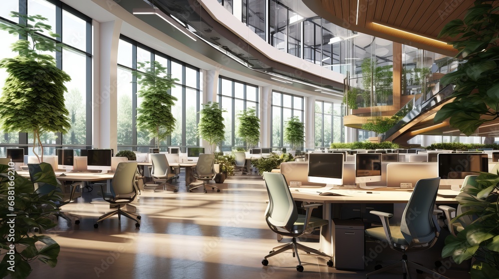 Modern Office Interior with Green Plants and Natural Light