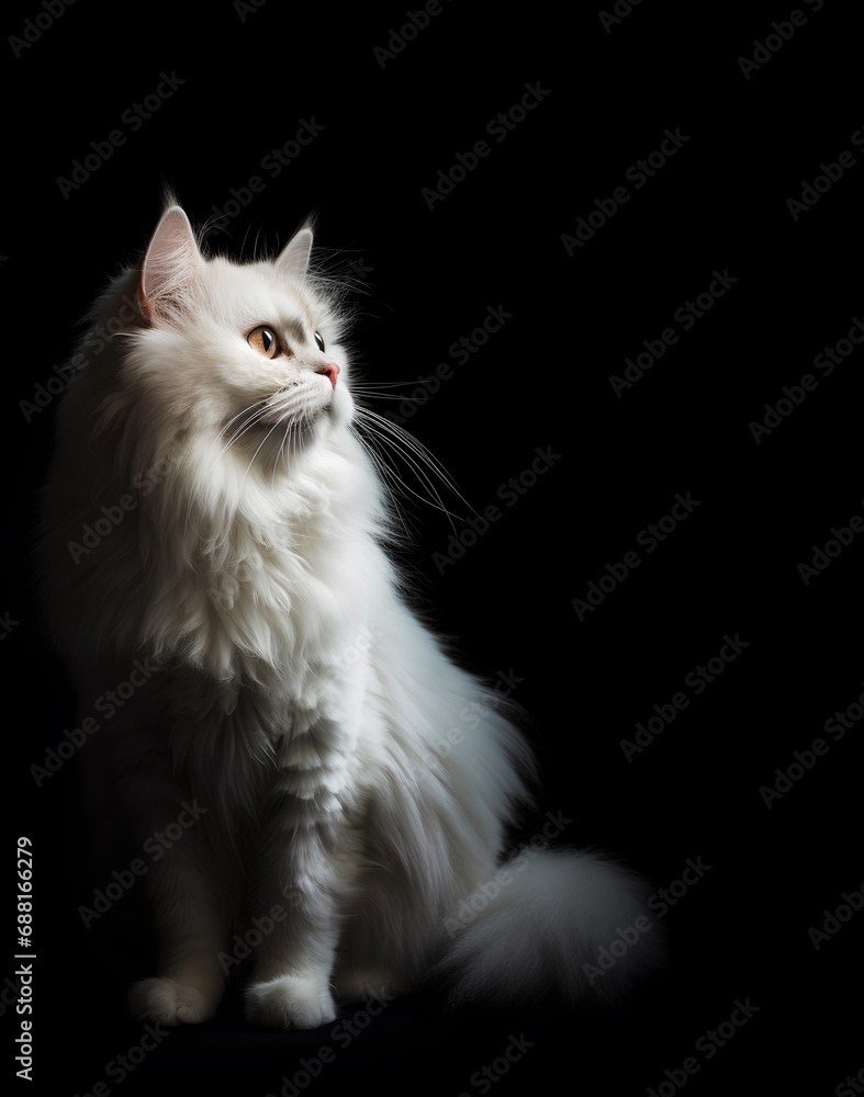 Closeup of white fluffy cat looking up on a black background with copy space Closeup of white fluffy cat looking up on a black background with copy space