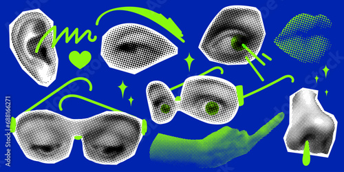 Set of retro halftone parts of body. Surprised look. Paper cut out elements with eyes, lips, mouth, nose, ear, hand. Y2K style. Trendy newspaper parts. Torn paper. Modern collage elements. Pop art 