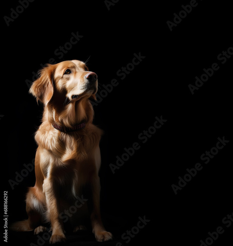Portrait of golden retriever dog looking up on black background with copy space