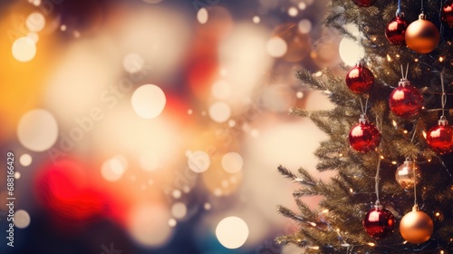 A Christmas tree decorated with colorful Christmas balls against a festive bokeh background with copyspace
