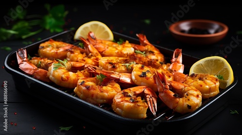 A pan on the table was used to roast shrimp.