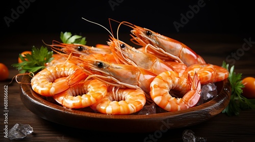 The giant shrimp are uncooked and on a dark table.