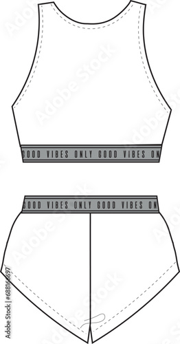 hipster briefs + sportive bra. Lingerie set. Vector technical sketch. women sleepwear set wireless bra and hipster panties fashion flat sketch vector illustration. letter tape drawing set photo