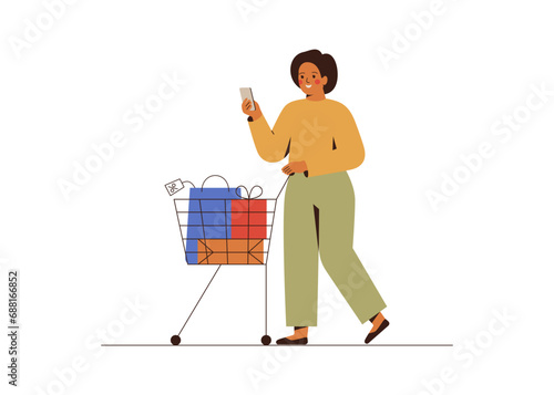 Woman shopaholic pushes cart full of bags with goods from shop. Young female walks with trolley from store and looks into mobile phone. Over Consumerism and addiction from sales. Vector illustration