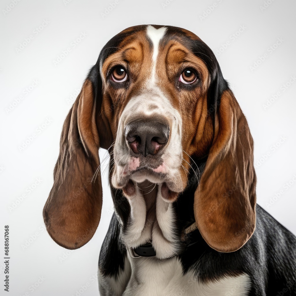 Ultra-Realistic Basset Hound Portrait on White Background