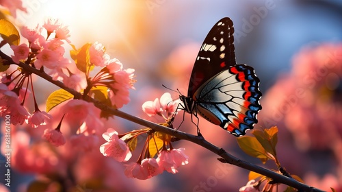 A shot that is selectively focused captures a beautiful butterfly sitting on a branch with small pink flowers © Roma