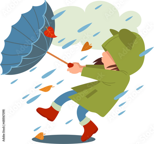 Autumn kid. Rainy October weather. Girl with umbrella. Rain and wind. Child in waterproof outerwear. Teenager walking through puddles. Autumnal downpour. Falling raindrops. Vector concept