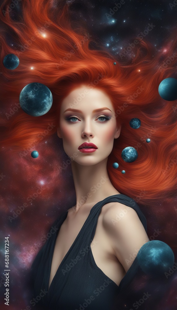 Beautiful girl with red hair against the background of space Beautiful girl with red hair against the background of space