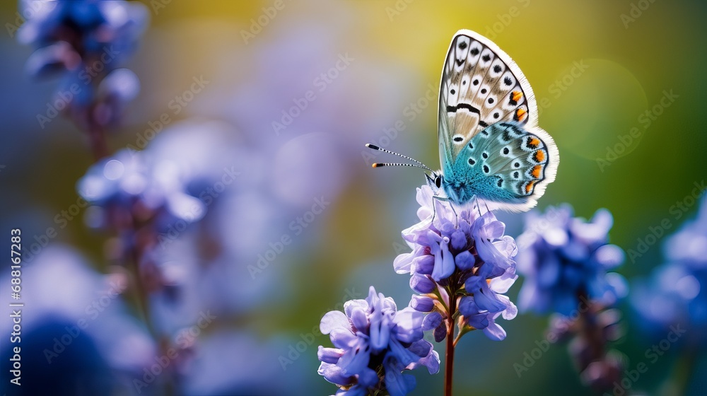 A small butterfly known as plebejus argus is found on a flower A small butterfly known as plebejus argus is found on a flower