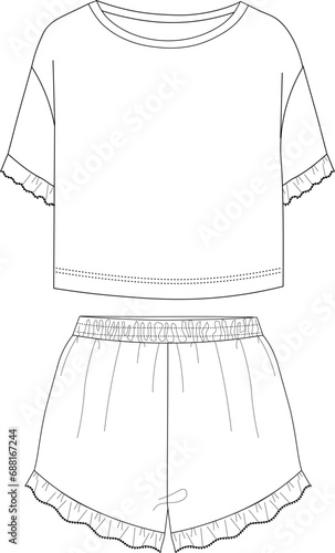 Women pajama sleepwear with crop top and wide short pant. Technical Fashion Illustration. drawing. sleep wear home wear.