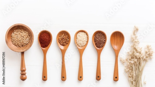 Showcase wooden spoons with a bed of flaxseed on a pristine white wooden background.