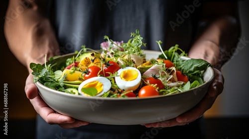 An individual is consuming a nutritious salad that includes fresh vegetables and boiled eggs.