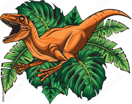 typography slogan with dinosaur in wild forest illustration