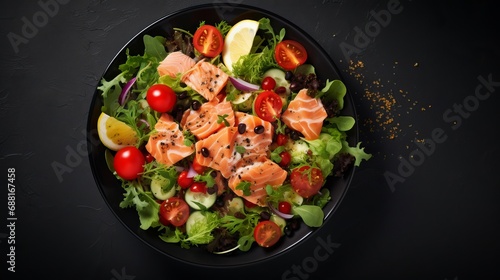 Salmon salad with a view of the table top