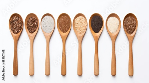 Showcase wooden spoons with a bed of flaxseed on a pristine white wooden background.