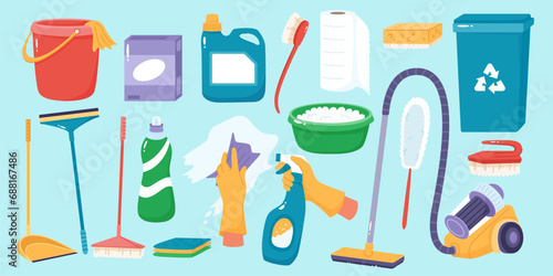 Cleaning supplies. Housekeeping equipment. Chemical detergents. Spray bottle. Washing tools. Bucket and mop. Soap foam. Household accessories for sanitation and hygiene. Recent vector set