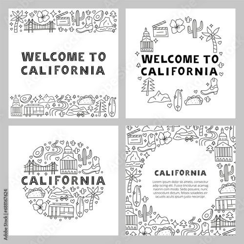 Set of posters with California national landmarks and attractions.