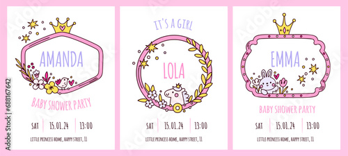 Cute princess invitational cards. Girly baby shower party. Pink sweety design. Fairytale borders. Bunny and unicorn. Floral decoration. Kids holiday. Garish vector birthday banners set