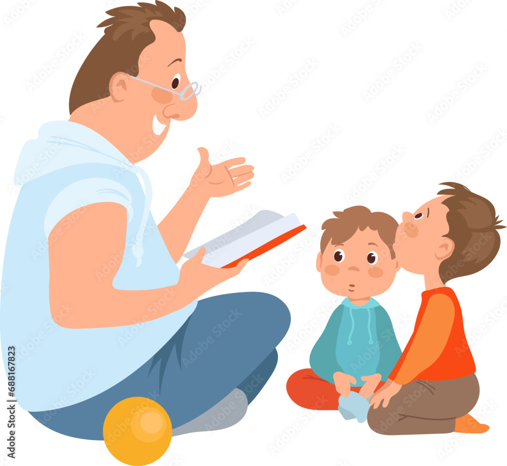 Father with kid. Dad reading for children. Family sitting on floor. Babies listening fairytale story. Man with sons spending time together. Enjoy of literature. Vector fatherhood concept Father with kid. Dad reading for children. Family sitting on floor. Babies listening fairytale story. Man with sons spending time together. Enjoy of literature. Vector fatherhood concept