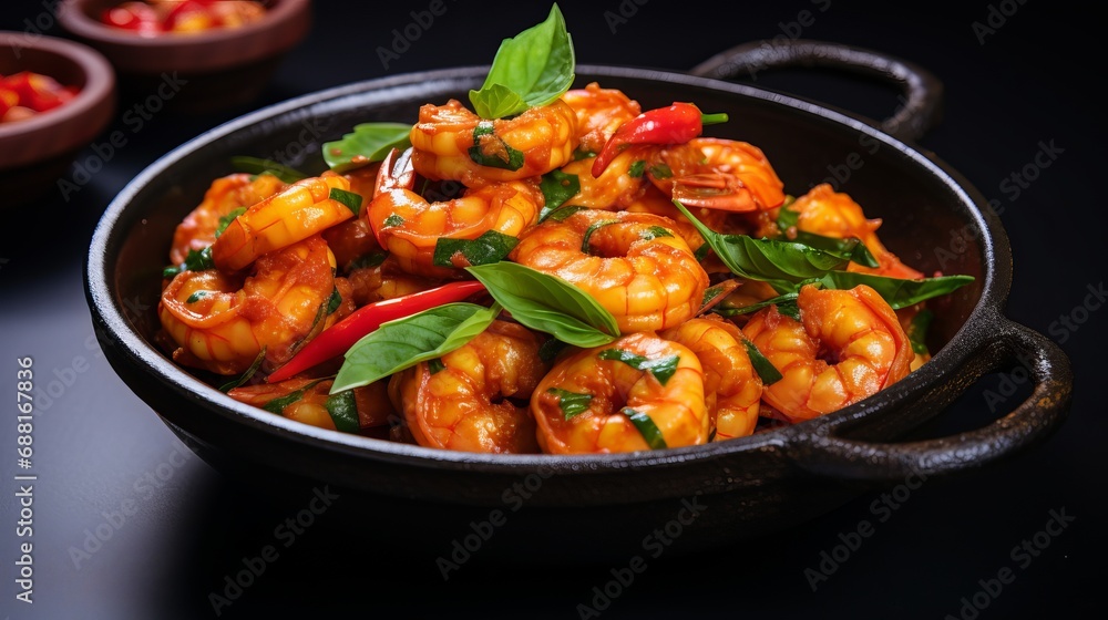 A side view of shrimp that have been fried in sauce with tomatoes and herbs. A side view of shrimp that have been fried in sauce with tomatoes and herbs.