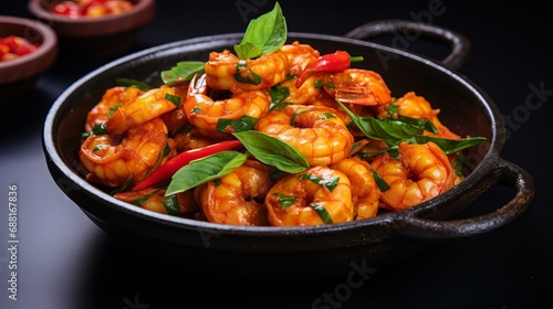 A side view of shrimp that have been fried in sauce with tomatoes and herbs.