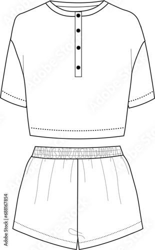 Women pajama sleepwear with crop top and wide short pant. Technical Fashion Illustration. Buttoned Front. draw
