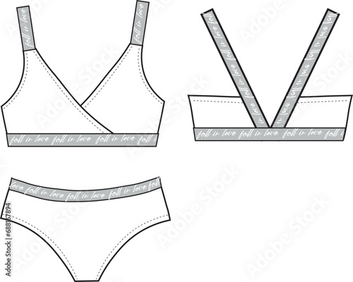 hipster briefs + sportive bra. Lingerie set. Vector technical sketch. women sleepwear set wireless bra and hipster panties fashion flat sketch vector illustration. letter tape drawing set photo