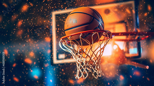 A close-up shot of a basketball hoop with a basketball just about to go through the net