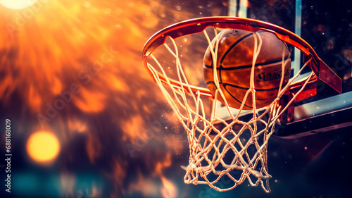 A close-up shot of a basketball hoop with a basketball just about to go through the net © Krisana