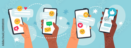 Hands hold phones with messages. Social network communication. Smartphone apps. Online chatting. Happy emojis and hearts. Mobile conversation. Messenger application. Garish vector concept