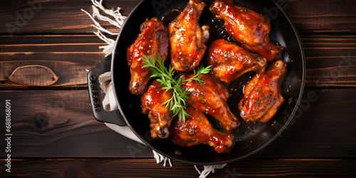 A tray of golden-brown chicken wings, glazed with a sticky barbecue sauce,Grilled chicken. Grilled chicken legs, drumsticks with addition, garlic, lemon and rosemary on grill plate, top view.