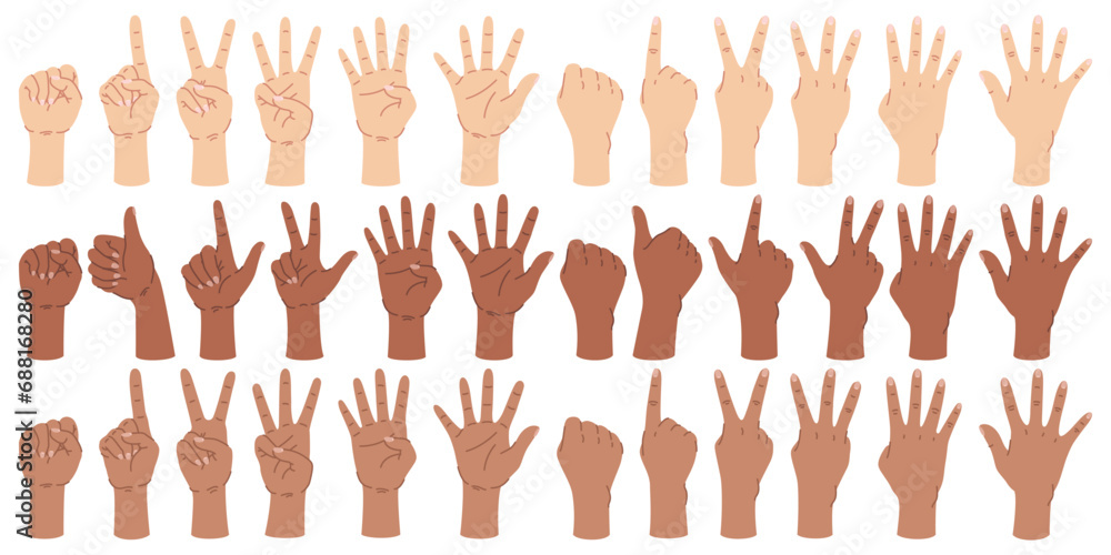 Fototapeta premium Male hands counting. Human arms with different number of fingers. International skin colors. Calculation gestures. Left or right fists. People gesturing. Score symbols. Recent vector set