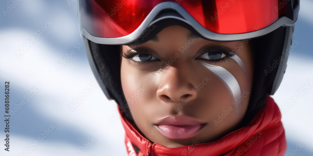 portrait of beautiful black young woman girl skiing wearing helmet on a trip outdoor activity in winter snow season holiday or Ice skating over frozen lake, copyspace banner portrait of beautiful black young woman girl skiing wearing helmet on a trip outdoor activity in winter snow season holiday or Ice skating over frozen lake, copyspace banner