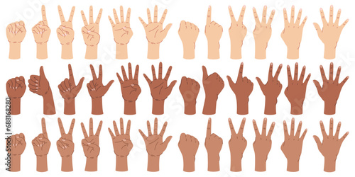 Male hands counting. Human arms with different number of fingers. International skin colors. Calculation gestures. Left or right fists. People gesturing. Score symbols. Recent vector set
