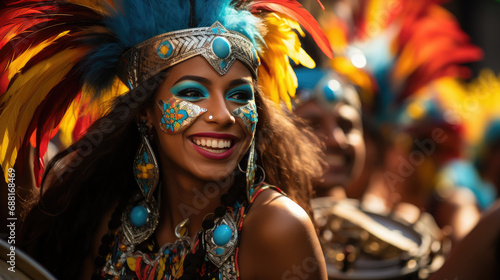 beautiful young Brazilian girl at a carnival in Brazil, fancy dress, outfit, masquerade, feathers, rhinestones, woman, makeup, portrait, smiling face, joy, happiness, dancing, sparkles, sequins © Julia Zarubina