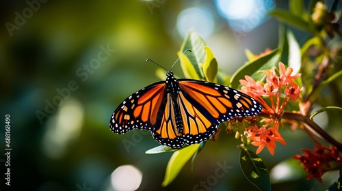 A shot that is selectively focused on a monarch butterfly on a green plant © Ruslan