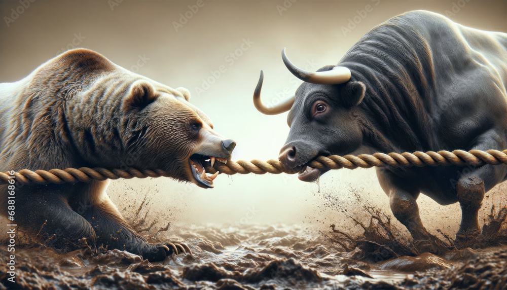 Bear and a bull in an intense tug of war in mud, symbolising market conflict. Both animals aggressively bite a rope, highlighting the fierce competition in financial markets - obrazy, fototapety, plakaty 