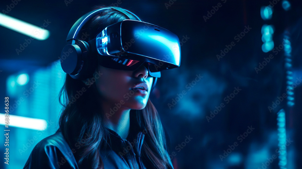 Female gamer woman with virtual reality glasses and futuristic game for VR gaming in cyber world. Digital experience and cyberpunk background. Technology simulation hi-tech virtual headset. A girl Female gamer woman with virtual reality glasses and futuristic game for VR gaming in cyber world. Digital experience and cyberpunk background. Technology simulation hi-tech virtual headset. A girl