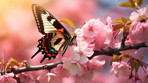 A swallowtail butterfly perched on a pink cherry tree, pink sakura tree, and gardens with butterflies. © Ruslan
