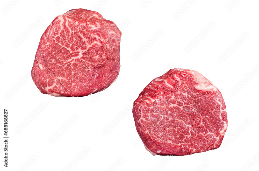 Raw steaks fillet Mignon on a butcher cleaver. Beef tenderloin.  Transparent background. Isolated. - obrazy, fototapety, plakaty 