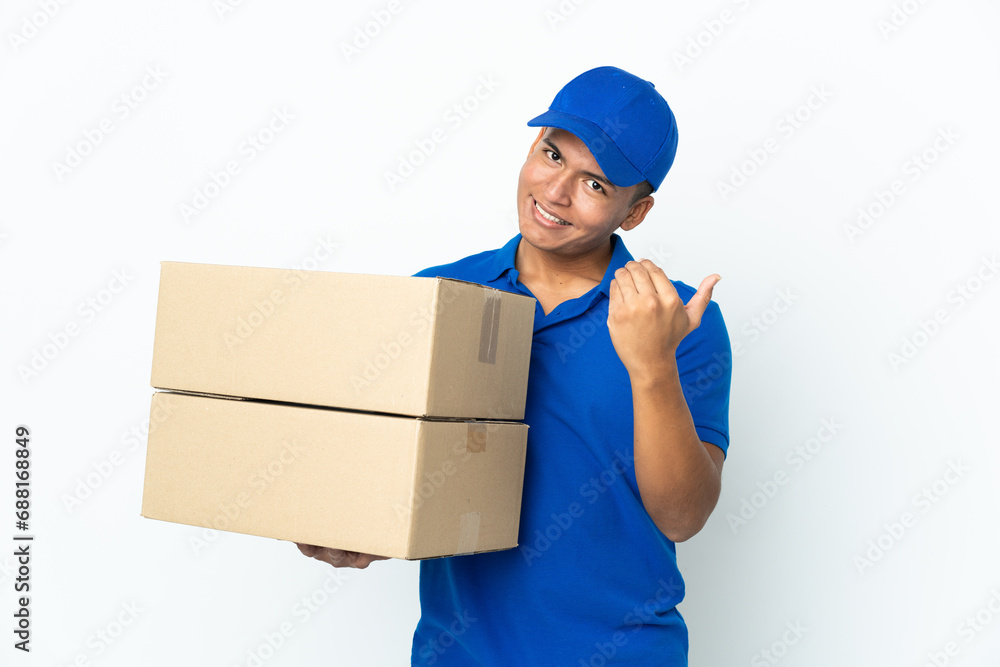 Delivery Ecuadorian man isolated on white background inviting to come with hand. Happy that you came Delivery Ecuadorian man isolated on white background inviting to come with hand. Happy that you came