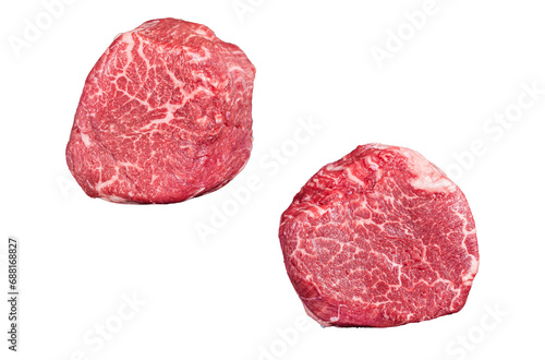 Raw steaks fillet Mignon on a butcher cleaver. Beef tenderloin.  Transparent background. Isolated. photo