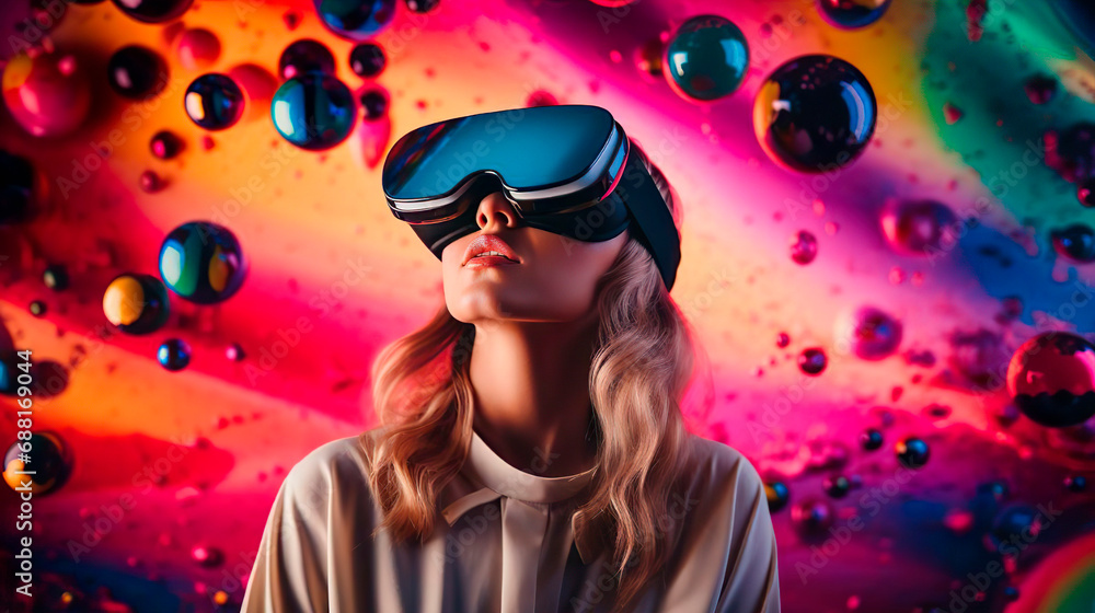 Female gamer woman with virtual reality glasses and futuristic game for VR gaming in cyber world. Digital experience and cyberpunk background. Technology simulation hi-tech virtual headset. A girl Female gamer woman with virtual reality glasses and futuristic game for VR gaming in cyber world. Digital experience and cyberpunk background. Technology simulation hi-tech virtual headset. A girl