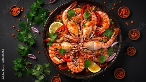 A view of a seafood dish that is exotic and delicious with a top view.